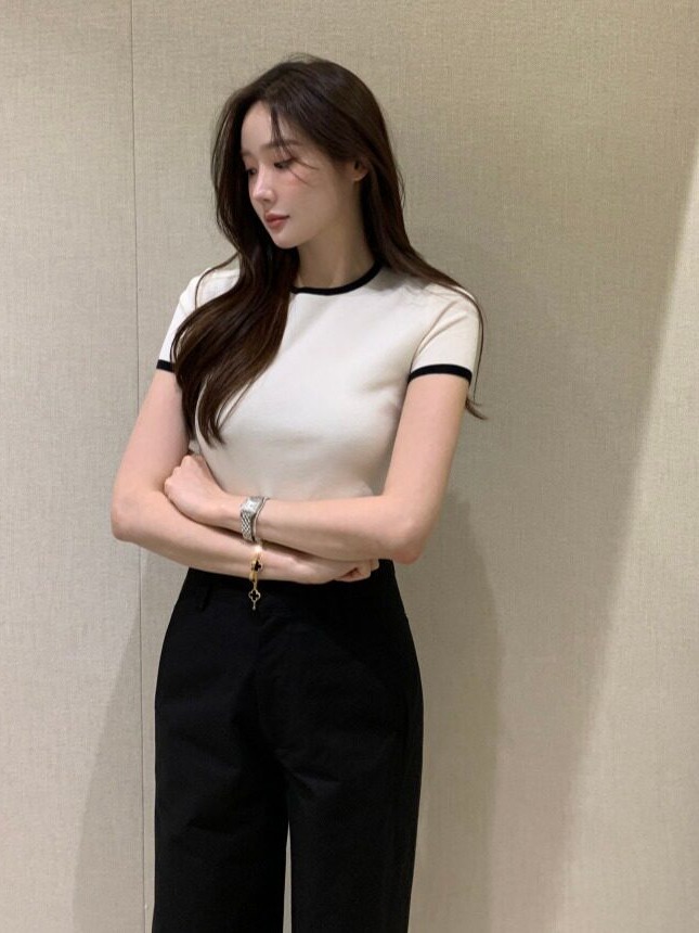 シックな夏の新作、薄手のカラーブロック半袖ニットセーター、韓 - Korean Daily Lifestyle のレビューと価格
