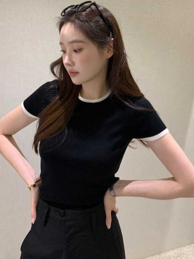シックな夏の新作、薄手のカラーブロック半袖ニットセーター、韓 - Korean Daily Lifestyle のレビューと価格